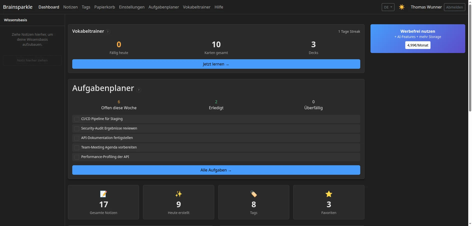 Dashboard Brainsparkle con statistiche, allenatore di vocabolario e pianificatore attivita