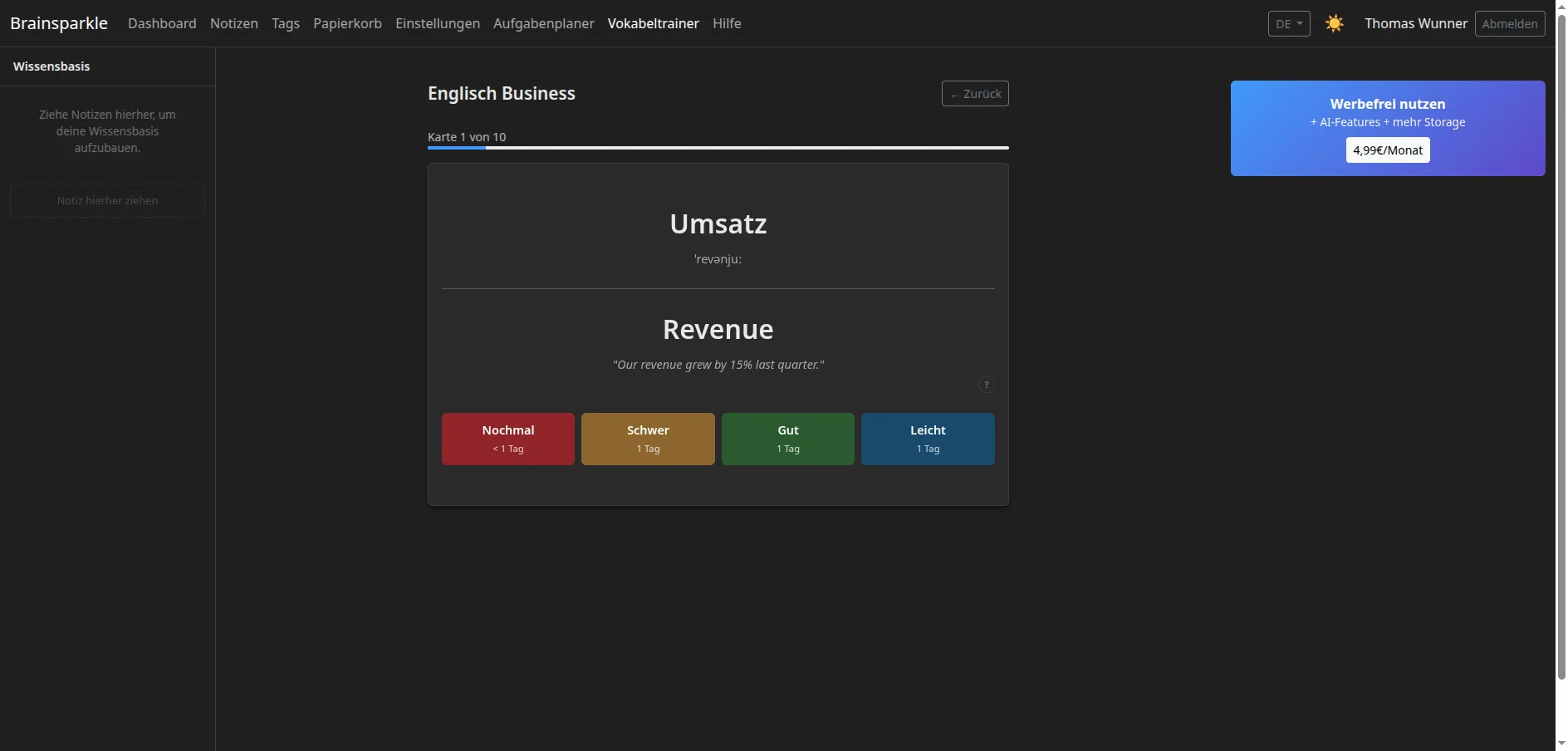 Allenatore di vocabolario Brainsparkle con flashcard e pulsanti di valutazione